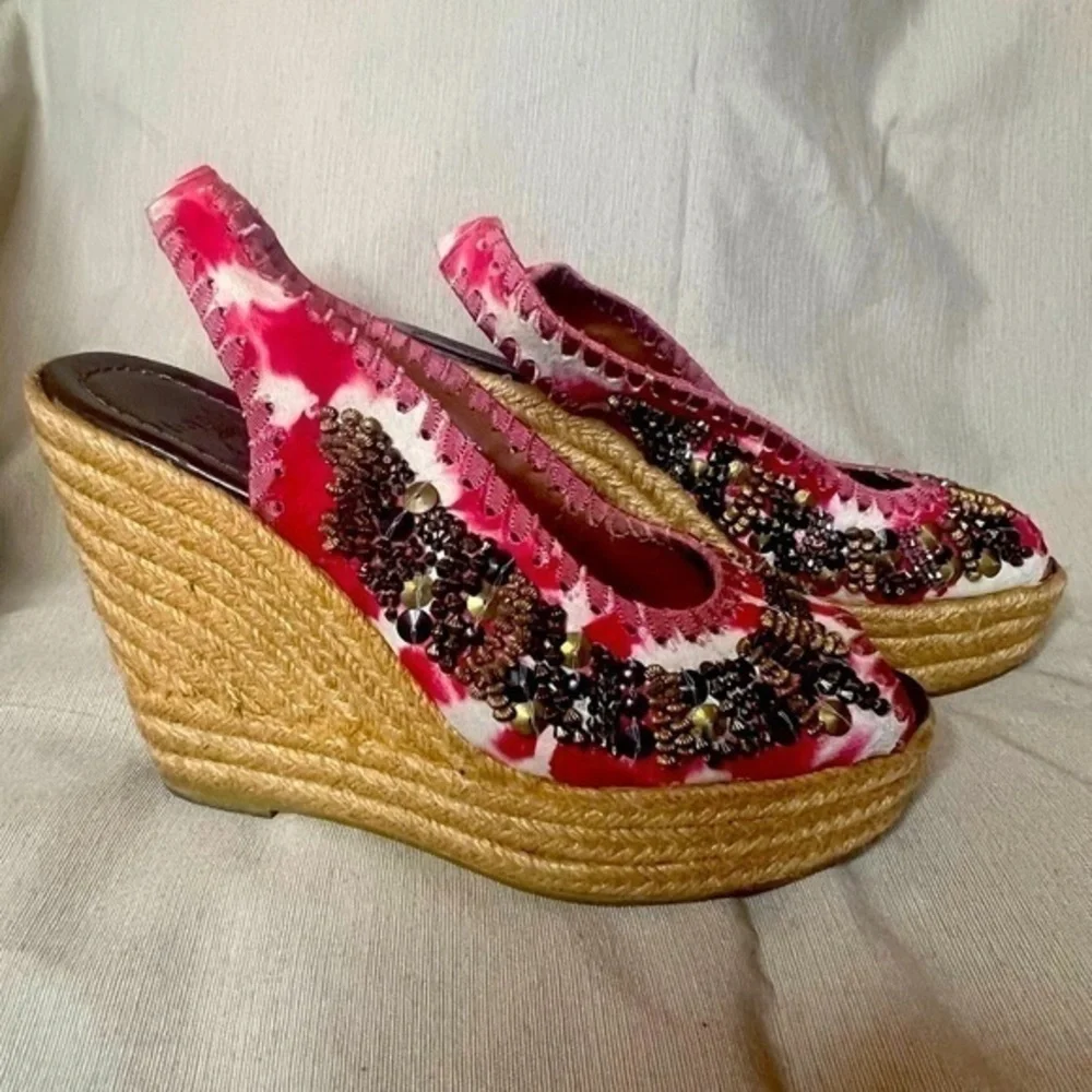 Bacio 61 Floral Beaded Wedge Peep-toe Slingback Espadrilles::EUC::Summer Staple